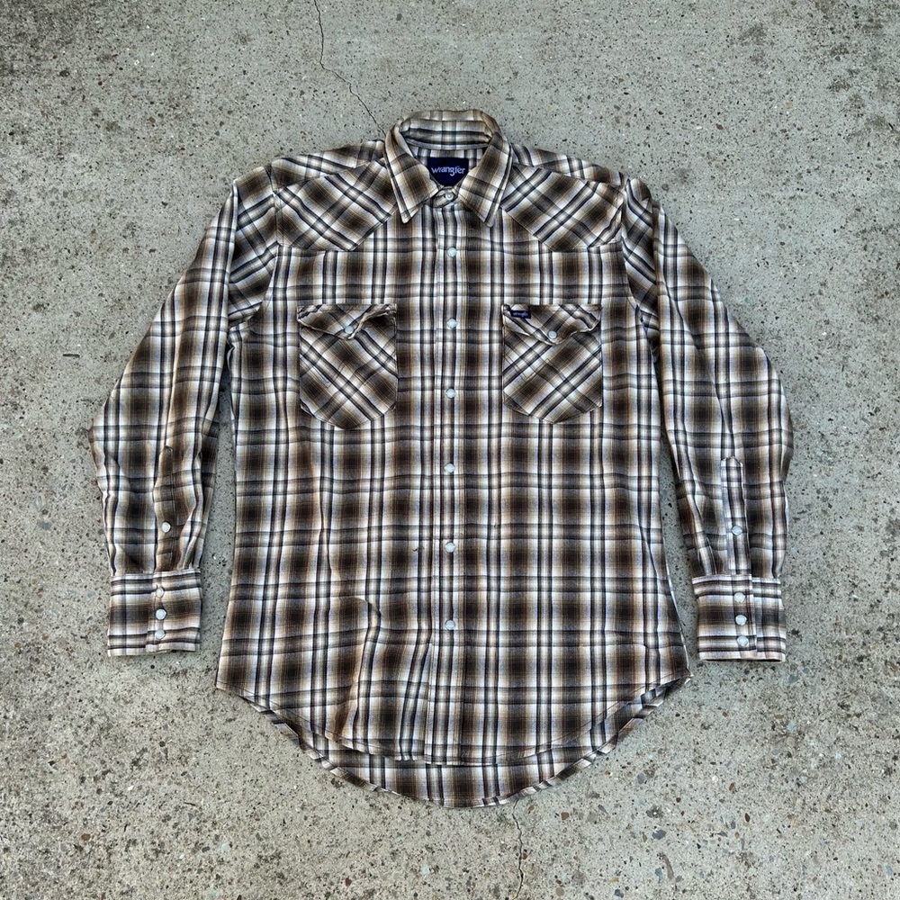 Vintage Wrangler Western Pearl Snap Brown Plaid Classic Cowboy Shirt Size Medium